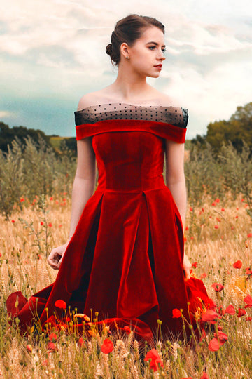 Burgundy Off-the-Shoulder Velvet Party Dress